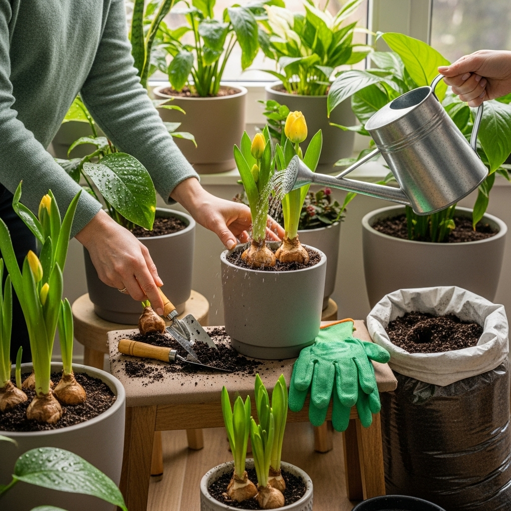 Generate an eye-catching, high-quality featured image prompt for a blog post about: Watering Bulbs F