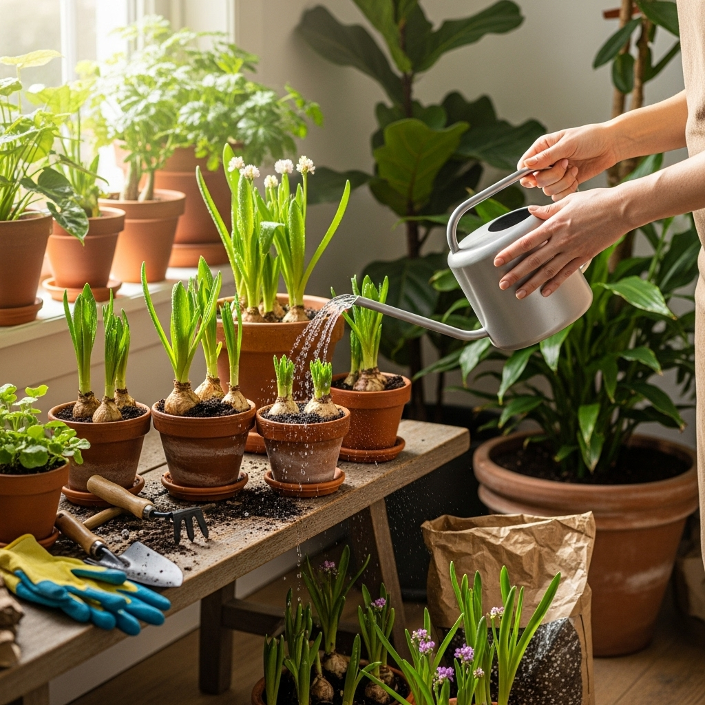 Generate an eye-catching, high-quality featured image prompt for a blog post about: Watering Bulbs F