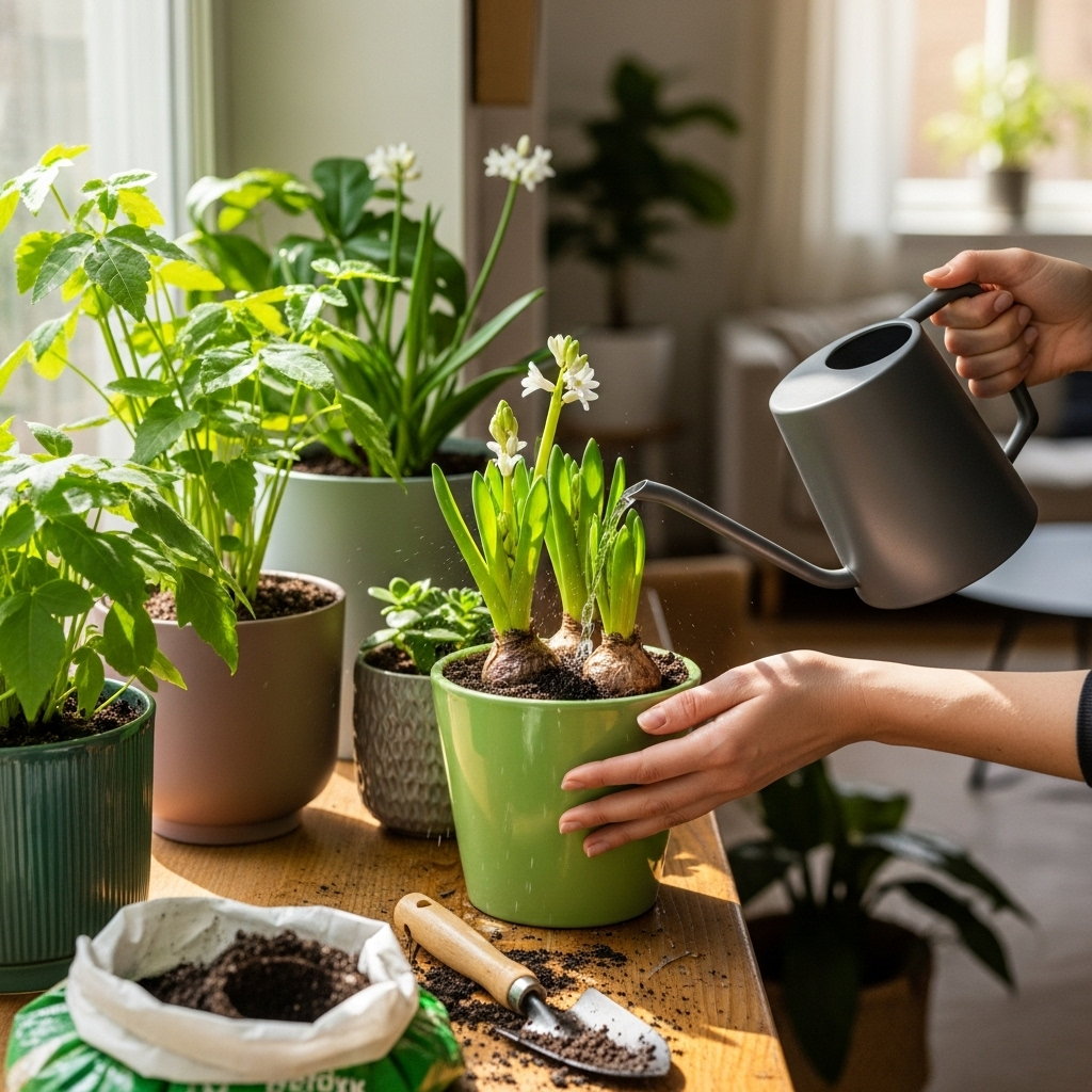 Generate an eye-catching, high-quality featured image prompt for a blog post about: Watering Bulbs F