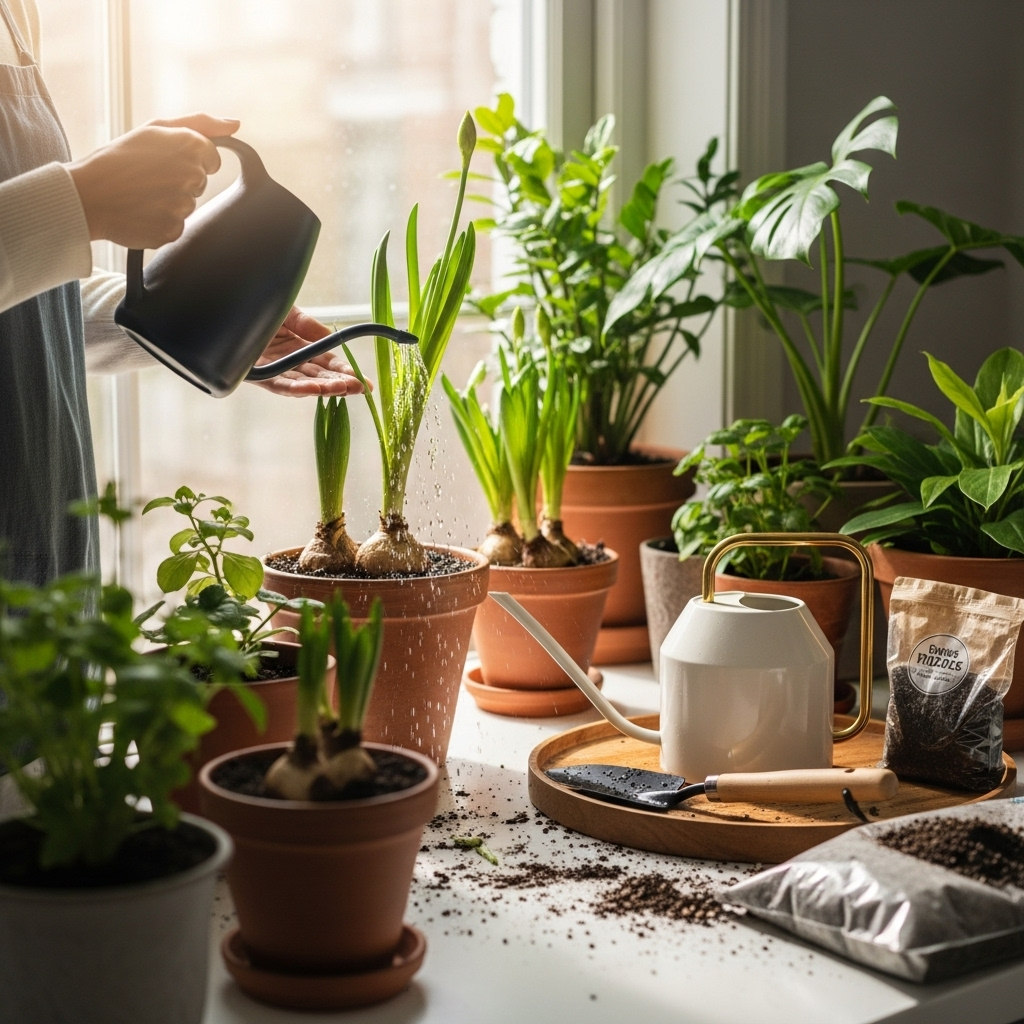 Generate an eye-catching, high-quality featured image prompt for a blog post about: Watering Bulbs F